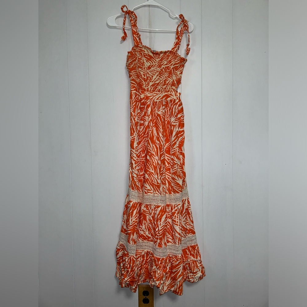 Sincerely Jules Orange Printed Tie-Shoulder Cut Out Maxi Dress, size M